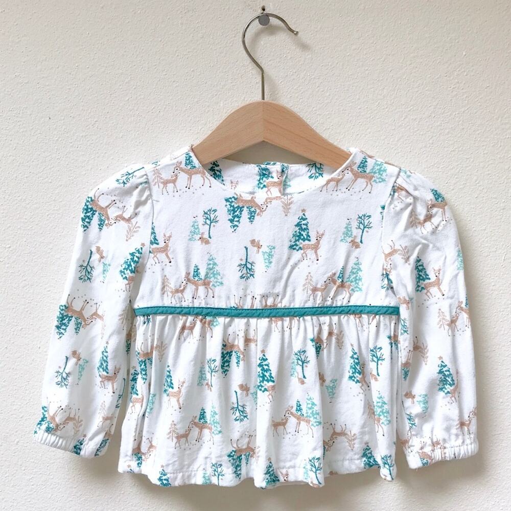 Toughskins White & Teal Deer Winter Long Sleeve Shirt, Baby Girl Size 18 Months